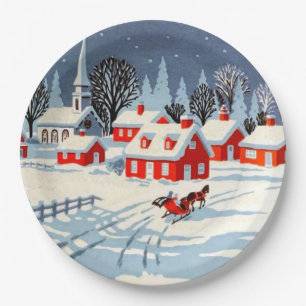 Oude Kerstmis Winter Landelijk Dorp Sneeuw Papieren Bordje