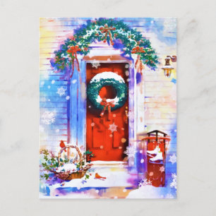 Oude Kerstmis Winter Rood Huisdeur Waterverf Feestdagenkaart