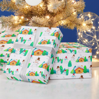 Oude Kerstmis Winter Sneeuwman Cottage Bomen Cadeaupapier