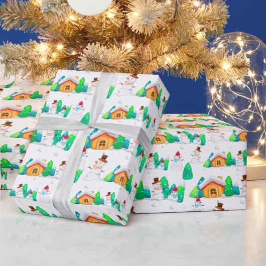 Oude Kerstmis Winter Sneeuwman Cottage Bomen  Cadeaupapier (Feestdagen)