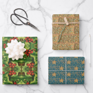 Oude kerstpatronen Hulst maretak sterren Inpakpapier Vel