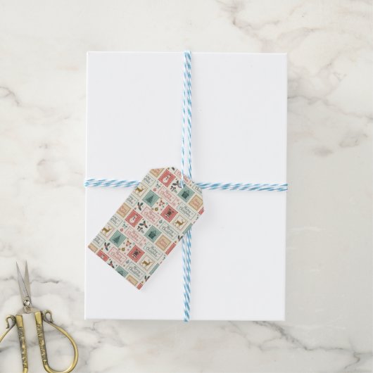 Oude kerstpostzegelpatroon cadeaulabel (Met Touw)