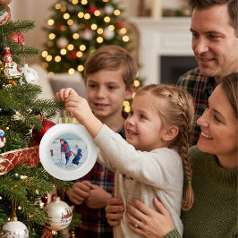 Oude kerstscène met rode bloemen keramische bal ornament