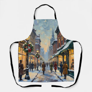 Oude kerstscene van een besneeuwde stad schort