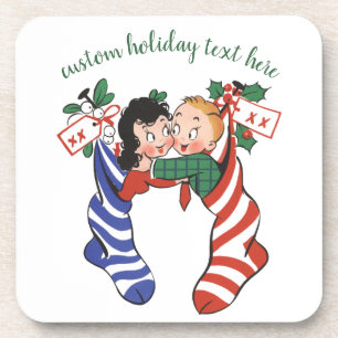 Oude kerstsokken met schattige kinderen bier onderzetter