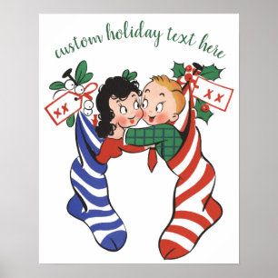 Oude kerstsokken met schattige kinderen poster