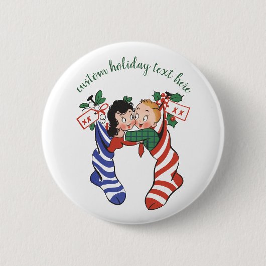 Oude kerstsokken met schattige kinderen ronde button 5,7 cm (Voorkant)