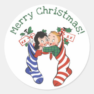 Oude kerstsokken met schattige kinderen ronde sticker