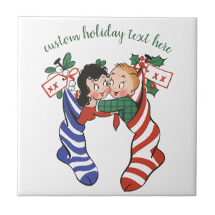 Oude kerstsokken met schattige kinderen tegeltje