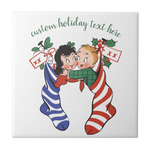 Oude kerstsokken met schattige kinderen tegeltje (Voorkant)