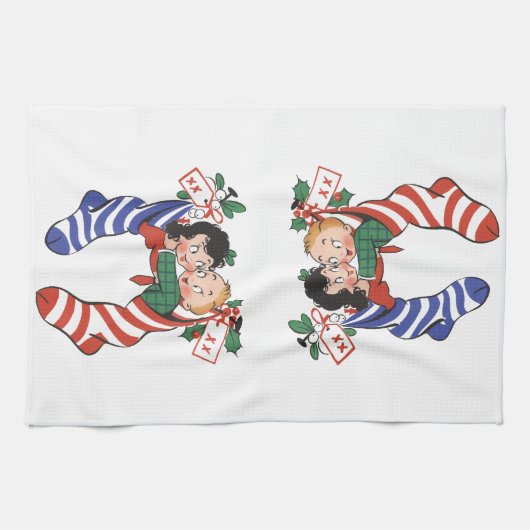 Oude kerstsokken met schattige kinderen theedoek (Horizontaal)