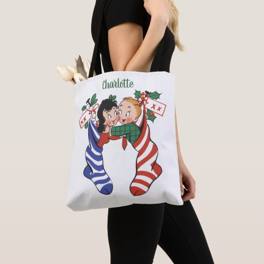 Oude kerstsokken met schattige kinderen tote bag (Dichtbij)