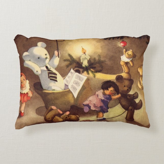 Oude kerstspullen, dansende poppen, teddyberen accent kussen (Voorkant)