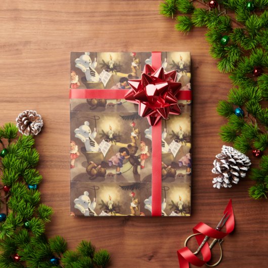 Oude kerstspullen, dansende poppen, teddyberen cadeaupapier (Feestdagen Geschenken)
