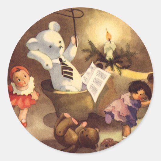 Oude Kerstspullen, Dansende Poppen, Teddys Ronde Sticker (Voorkant)