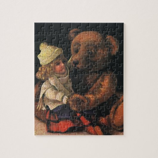 Oude kerstspullen, pop en een teddybeer legpuzzel (Verticaal)