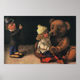 Oude kerstspullen, pop en een teddybeer poster