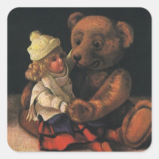 Oude kerstspullen, pop en een teddybeer vierkante sticker (Voorkant)