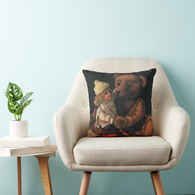 Oude kerstspullen, pop en teddybeer kussen (Stoel)