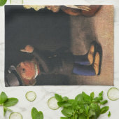 Oude kerstspullen, pop en teddybeer theedoek (Gevouwen)