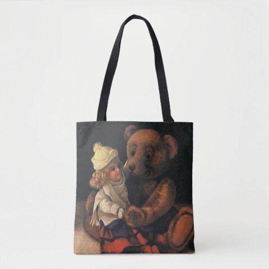 Oude kerstspullen, pop en teddybeer tote bag (Voorkant)