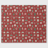 Oude kerstversieringen op gestructureerd rood cadeaupapier (Vlak)