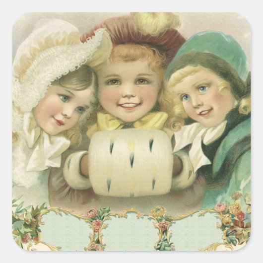 Oude Kerstzusters, Victoriaanse Kinderen Vierkante Sticker (Voorkant)