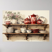 Oude keuken rode koffiepot suiker roomservice poster (Voorkant)