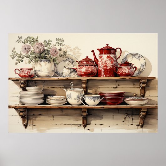 Oude keuken rode koffiepot suiker roomservice poster (Voorkant)