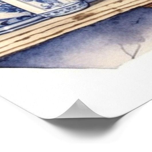 Oude keukenplank blauw witte serviesgoed thee koff poster (Hoek)