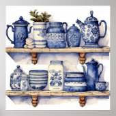 Oude keukenplank blauw witte serviesgoed thee koff poster (Voorkant)