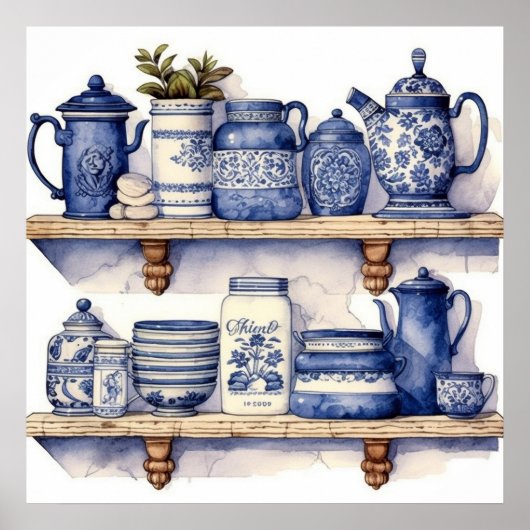 Oude keukenplank blauw witte serviesgoed thee koff poster (Voorkant)