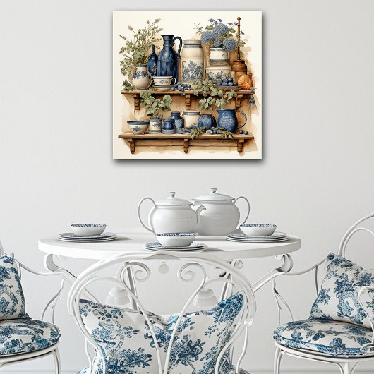 Oude keukenplank blauwe witte canisterkannen pot poster