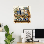 Oude keukenplank blauwe witte canisterkannen pot poster (Thuiskantoor)