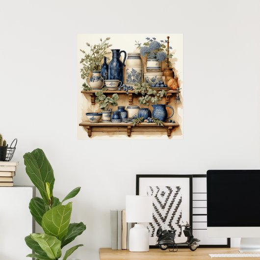 Oude keukenplank blauwe witte canisterkannen pot poster (Thuiskantoor)