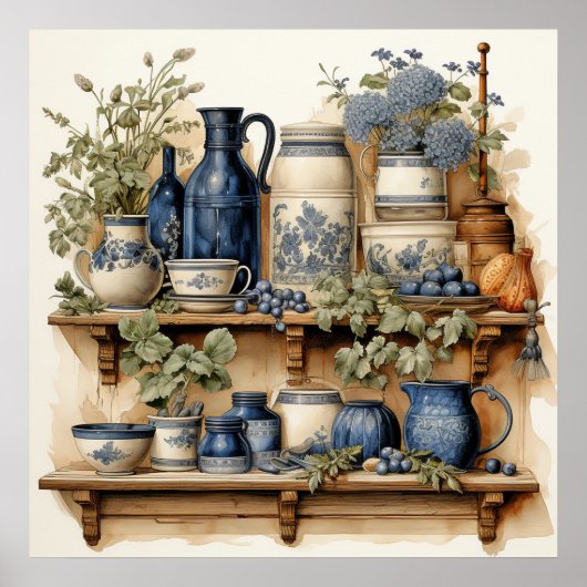 Oude keukenplank blauwe witte canisterkannen pot poster (Voorkant)