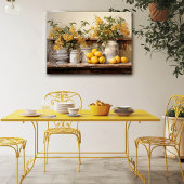 Oude keukenplank gele containers bloemen poster