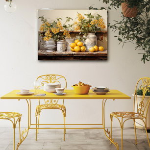 Oude keukenplank gele containers bloemen poster