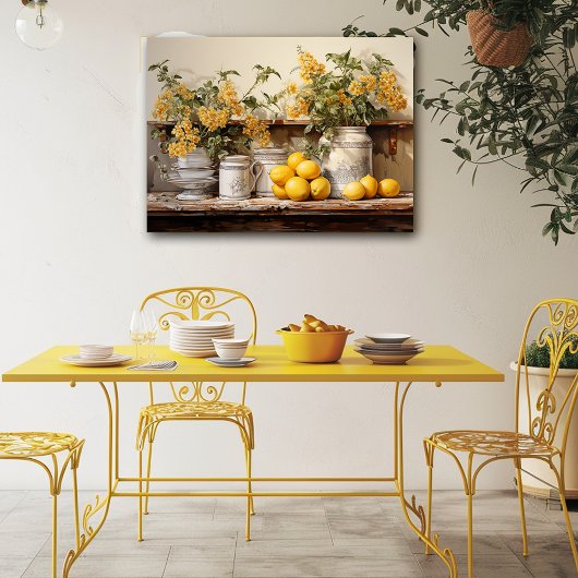 Oude keukenplank gele containers bloemen poster