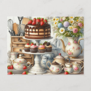 Oude keukenschotels cake- en theepot ansichtkaart briefkaart