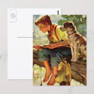 Oude kind, jongen die vist met zijn huisdier hond  briefkaart