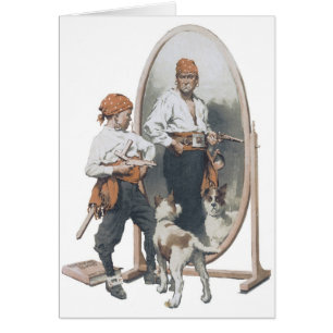 Oude kind, jongenspiraat, hond, spiegel, boekanier