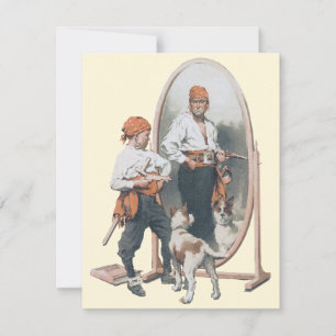 Oude kind, jongenspiraat, hond, spiegel, boekanier