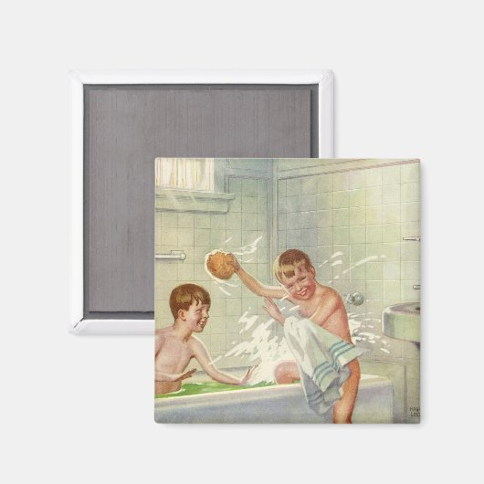 Oude kinderen, broers spetteren in badkuip magneet (Voorkant / Achterkant)