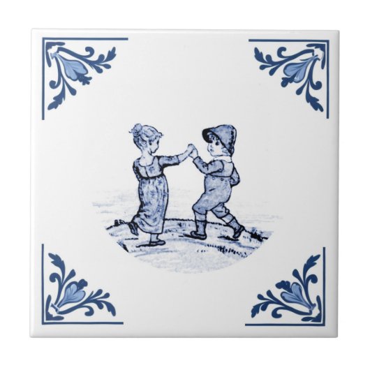Oude Kinderen Dansen Delft Hoek Blauw & Wit Tegeltje (Voorkant)