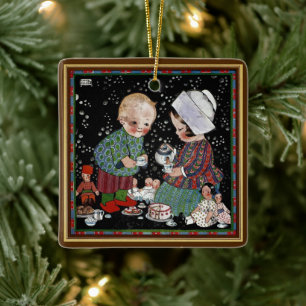 Oude kinderen die een denkbeeldig theepartijtje he keramisch ornament