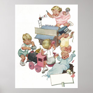 Oude kinderen die plezier hebben met speelgoedtrei poster