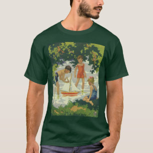 Oude kinderen die speelgoed zeilboten op zomervijv t-shirt