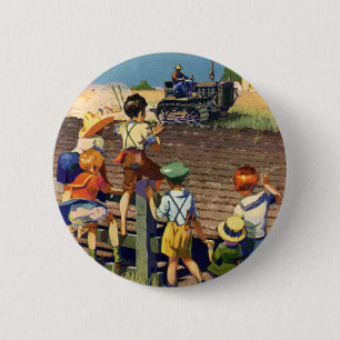 Oude kinderen die zwaaien naar lokale boer op trac ronde button 5,7 cm