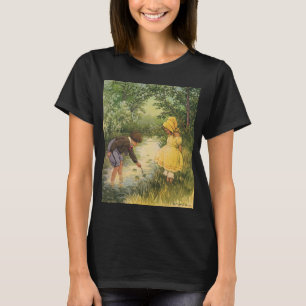 Oude kinderen, jongen en meisje spelen bij beek t-shirt